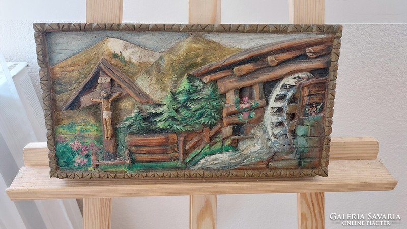 (K) Régi fából faragott, festett falikép 35x18,5 cm