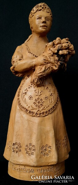 Dt/268 – Borsodi k. With marking - ceramic figurine of a woman in folk costume with a bouquet of flowers