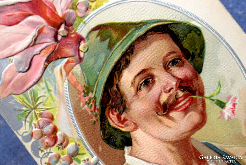 Antique embossed litho greeting card laughing lad on cyclamen