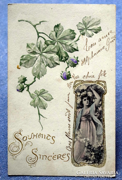 Antik dombornyomott szecessziós litho üdvözlő képeslap vadgesztenye  romatikus hölgy