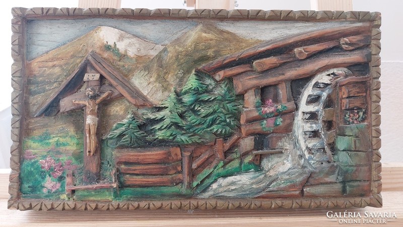 (K) Régi fából faragott, festett falikép 35x18,5 cm