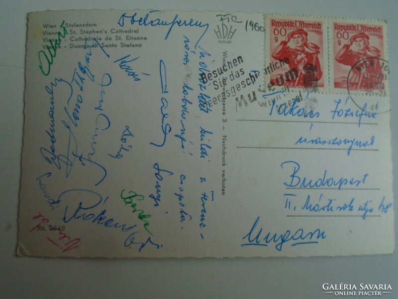 H33.4 Postcard signed by Fradi ftc soccer team sent from Vienna in 1960 to József Takács