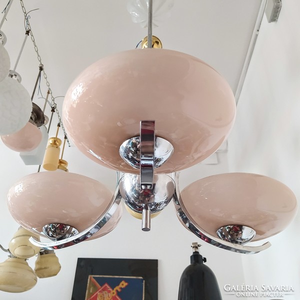 Art deco 3-arm chandelier renovated - pink shades