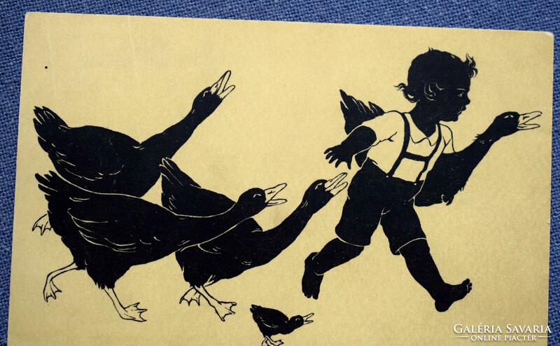 Antique graphic silhouette postcard little boy stealing a duck chased by ducks