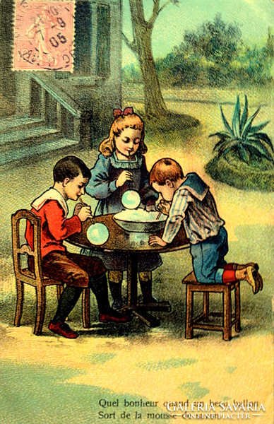 Antique graphic litho postcard bubble blowing kids toy