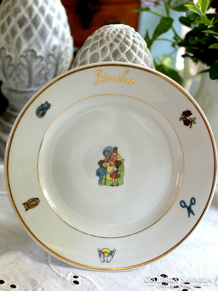 Zsolnay children's plate, children's plate, message plate, gilded with inscription Yózsika