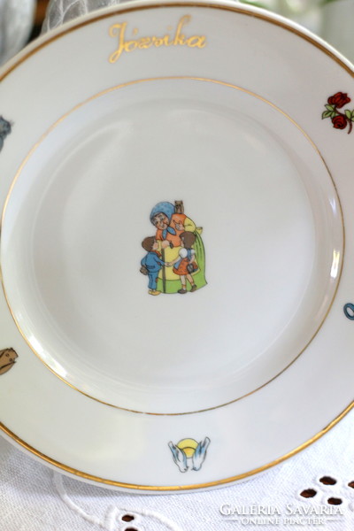 Zsolnay children's plate, children's plate, message plate, gilded with inscription Yózsika