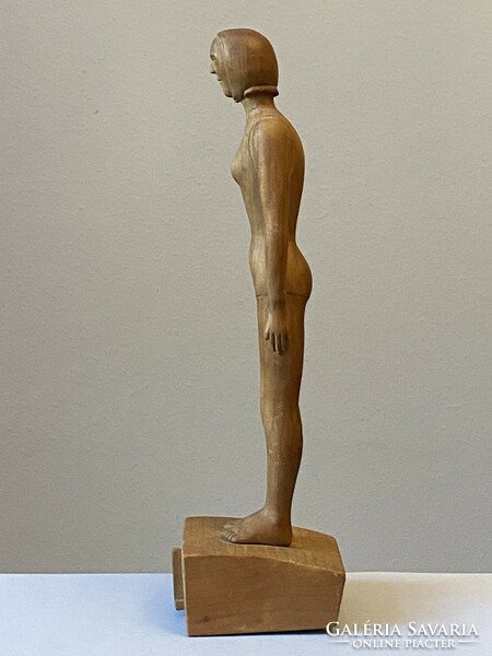 István Katkó writer (1923-2000) carved wooden sculpture marked swimming girl standing on the starting stone