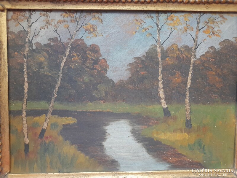 Oil, cardboard landscape painting in blonde frame.