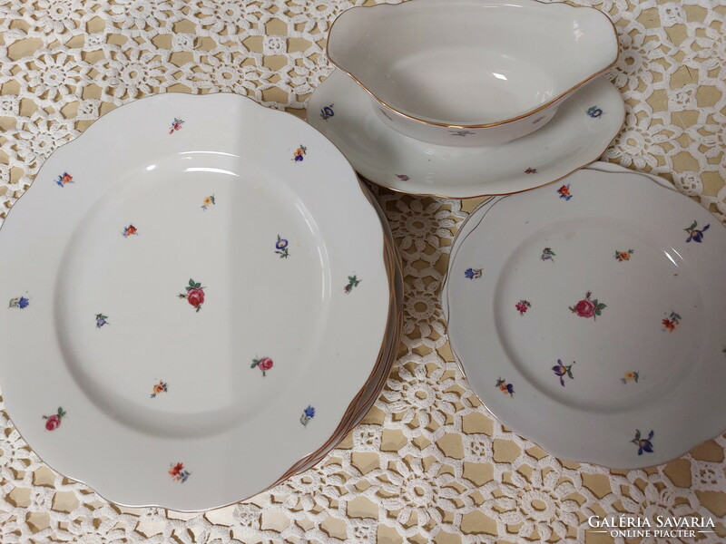 Zsolnay beautiful porcelain with small flowers, plates and saucers with golden edges