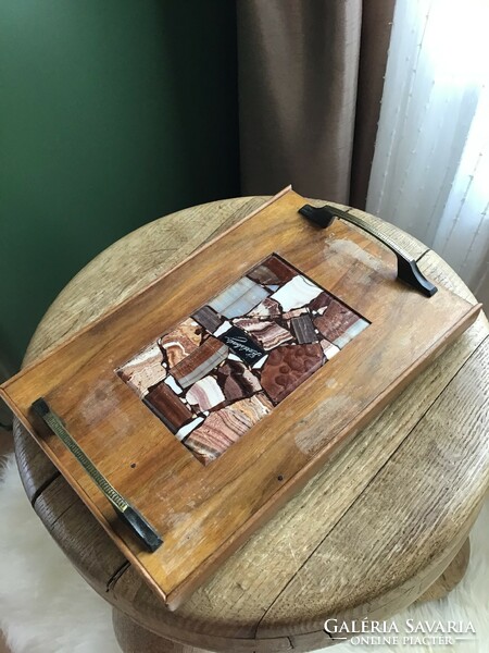 Wooden tray decorated with antique Karlsbad minerals with old tongs