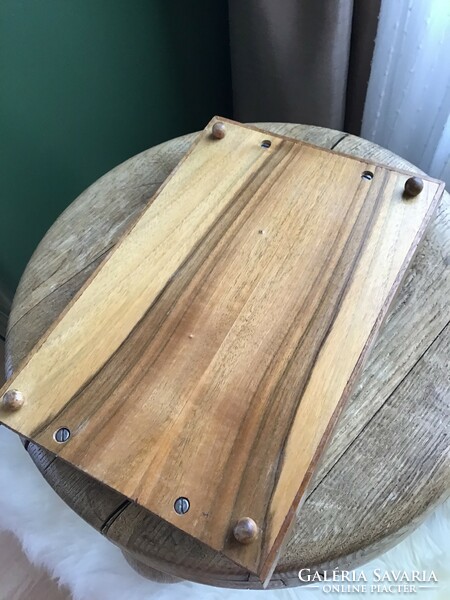 Wooden tray decorated with antique Karlsbad minerals with old tongs