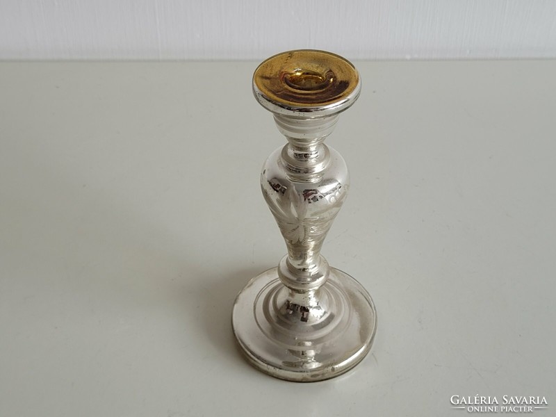 Old huta glass silver gold painted carved candle holder