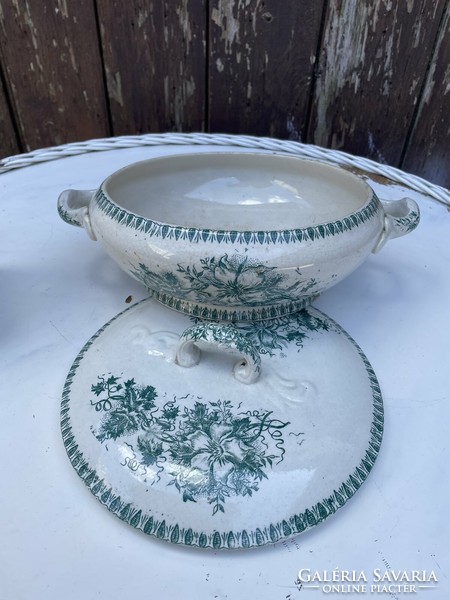 Antique lidded bowl with green flowers