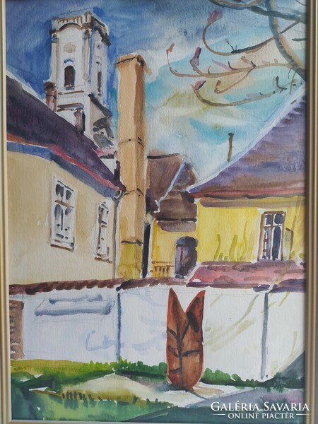 Galériás festmény Győr, üvegezett, bontatlan keretében, 40x30 cm