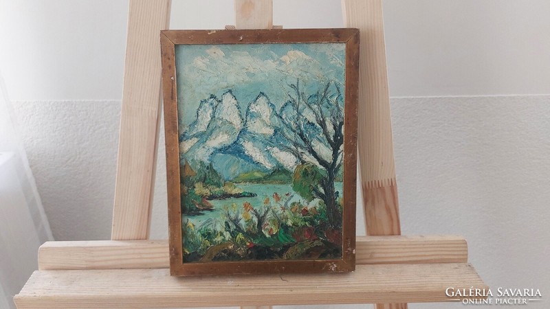 (K) tájkép festmény hegyekkel 20x26 cm kerettel