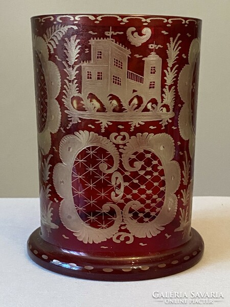 2 Layers engraved antique glass tumbler with castle deer and church decoration