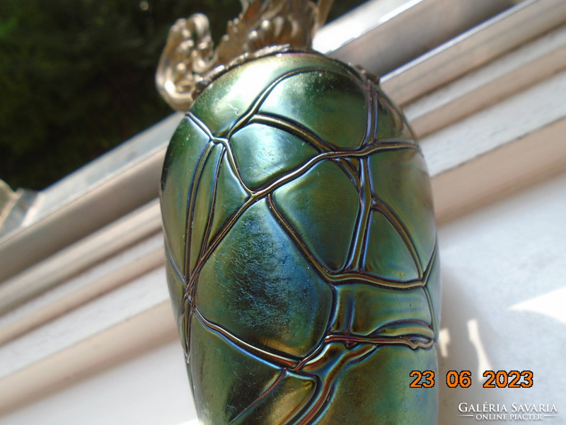 Loetz eosin, green, blue, purple glass with gold tones, Art Nouveau carafe with bronze fittings