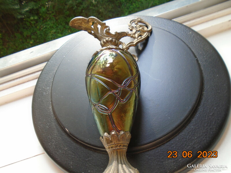 Loetz eosin, green, blue, purple glass with gold tones, Art Nouveau carafe with bronze fittings