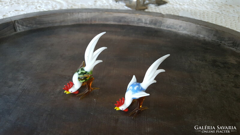 2 miniature glass rooster figurines.