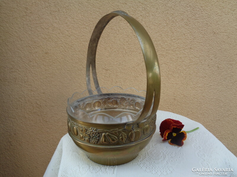 Metal centerpiece, basket, with glass insert, with beautiful grape and fruit patterns on the side
