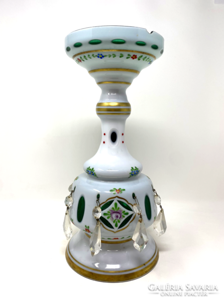 Nagy méretű, cseh, kristályokkal díszített zöld-fehér  überfangos, kézzel festett üveg váza - CZ