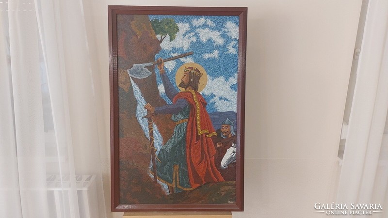 (K) Nuszer István, szép ikonszerű festménye 62x93 cm "Szent László"