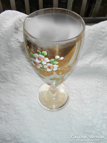 Zománfestett, aranyozott antik   üveg kehely 19,5 cm