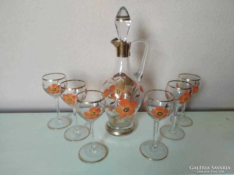 Hand painted drinking set, stemmed jug and 6 glasses, 1970s