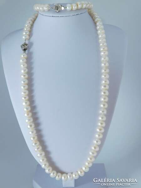 Cultured pearl necklace and bracelet silver jewelry set