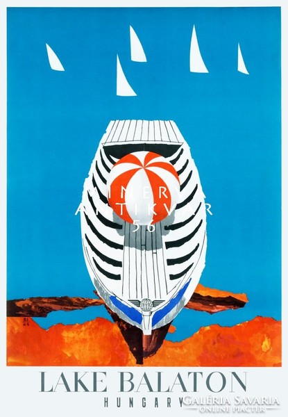 Vintage Balaton plakát reprint nyomat csónak part fehér vitorlás tó kék víz csíkos strandlabda nyár