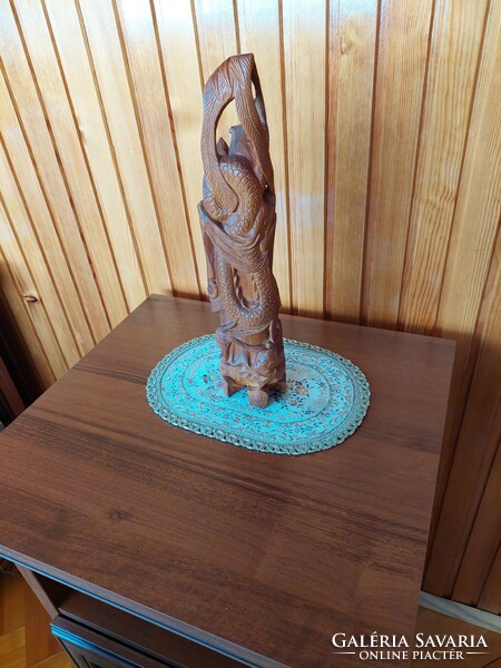Solid oriental wood sculpture, sandalwood, female figure with flowers and snake
