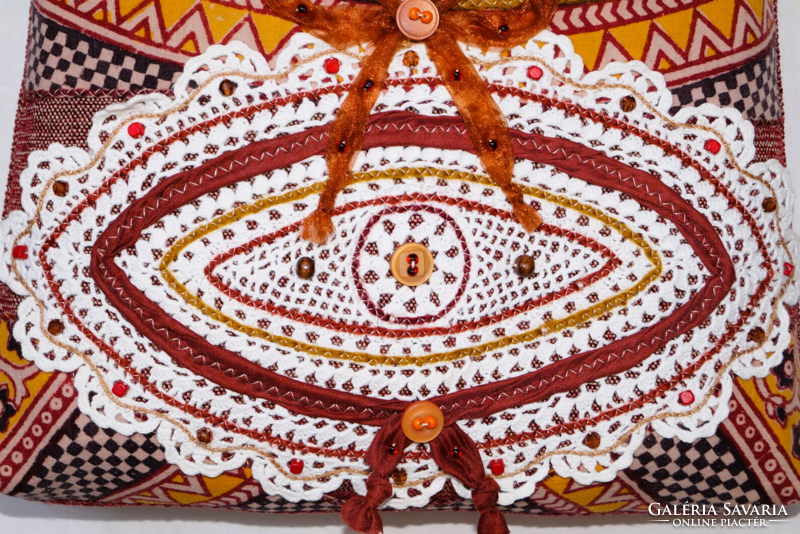 White Crochet Lace Geometric Pattern Pearl Orange Bow Vintage Women's Shoulder Bag