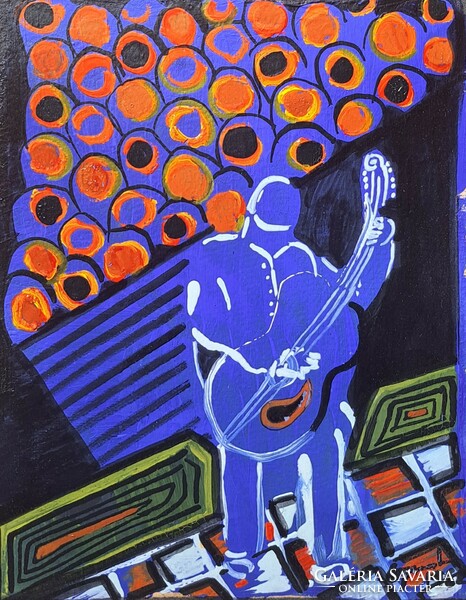 Guitarist on stage! Art deco style oil painting - musician portrait, life portrait