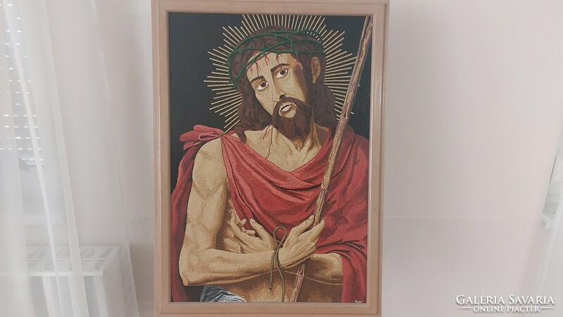 (K) Nuszer István, ikonszerű szép festménye 57x80 cm ECCE HOMO