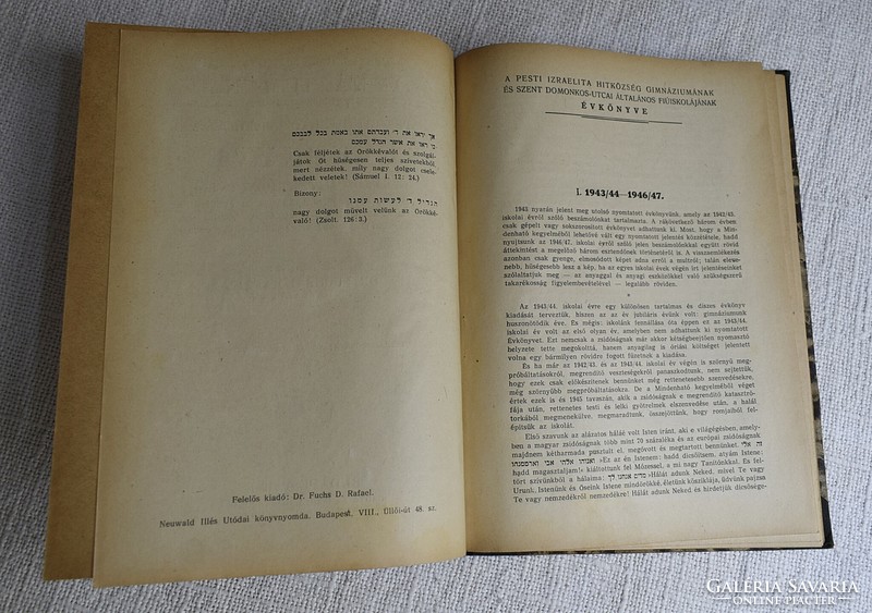 Dr. Fuchs D. Rafael Pesti Izraelita Gimnáziumának évkönyve 1946 - 47 judaizmus