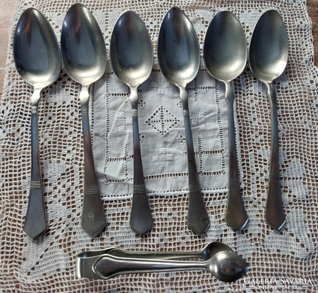 Antique 6 alpaca, alpaca coffee spoon + 1 sugar tongs, sugar tongs - with various markings