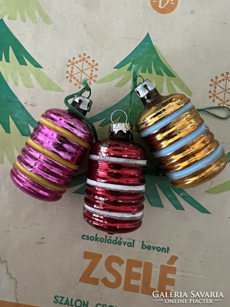 Three old glass lantern Christmas tree decorations