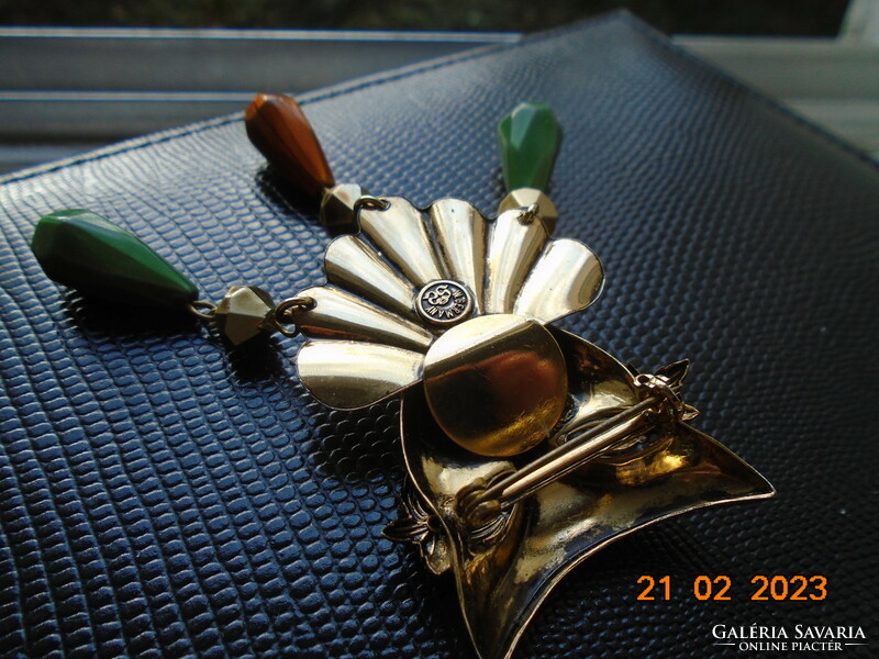 Art Deco W.Germany aranyozott bross Karnevál maszkkal,fazettált színes kő és bronz gyöngyökkel