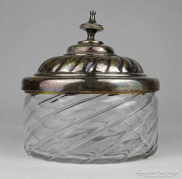1N334 antique glass sugar bowl with silver-plated lid