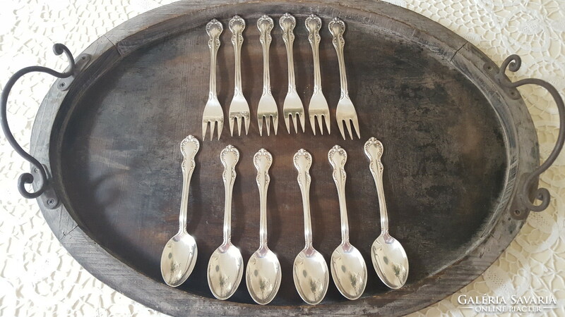 Marked, silver-plated pastry fork and spoon 6+6 pcs.