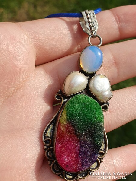 Agate druzy color-corrected pendant in 925 silver, with real shell pearls and opalite