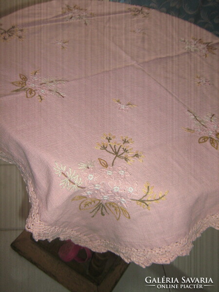Beautiful pale mauve tablecloth with hand crocheted edges and embroidery