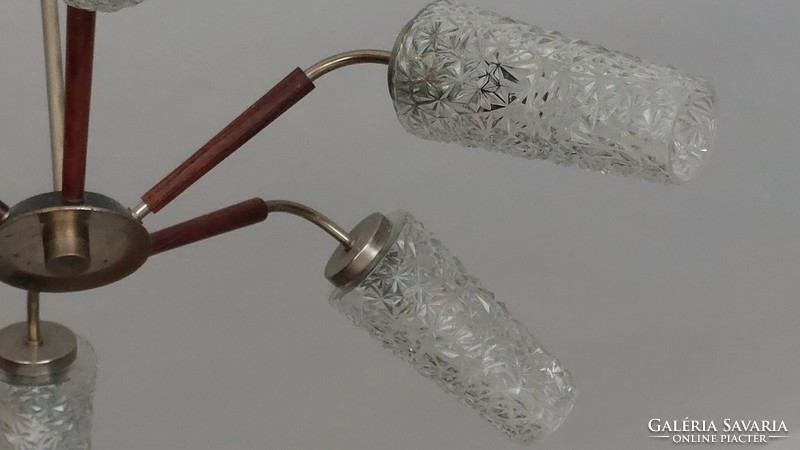 Retro, vintage  6 ágú üveg burás csillár, mennyezeti lámpa, mid century, space age