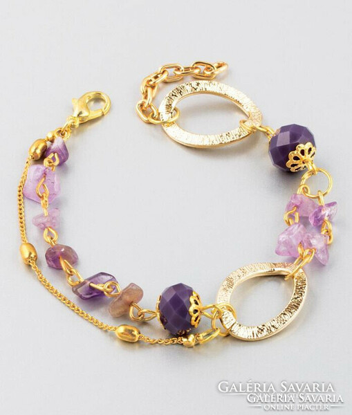 Jewelry set, double-row bracelet, with amethyst stones and purple crystals, earrings with amethyst stone