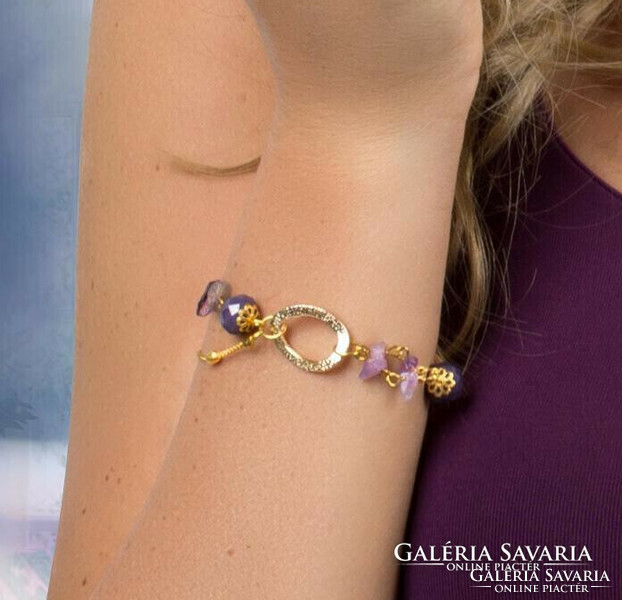 Jewelry set, double-row bracelet, with amethyst stones and purple crystals, earrings with amethyst stone