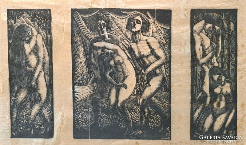 Adam and Eve (1928) triptych woodcut - Polish graphic artist Stefan Mrozewski - biblical scenes