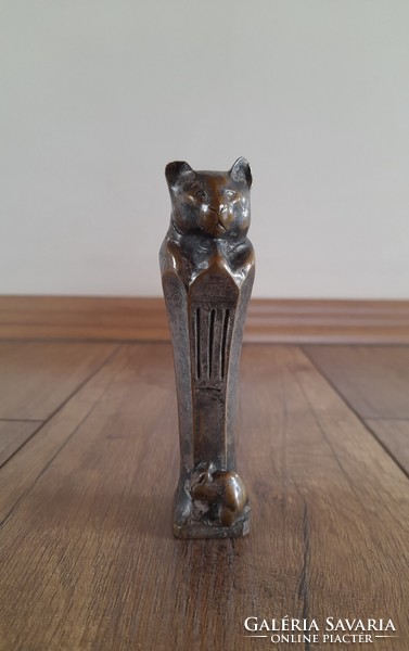 Antique pharaoh cat with a mouse bronze statue artificial ore foundry Budapest
