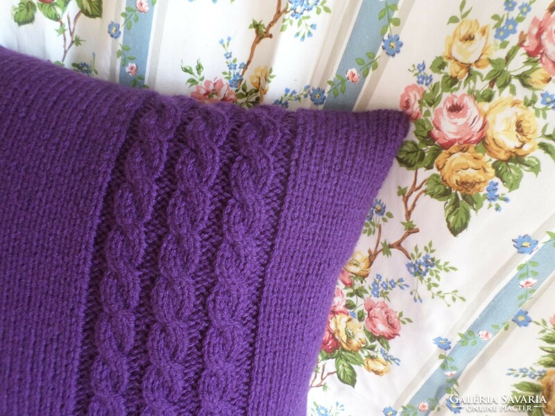 Eggplant purple handmade knitted pillow.