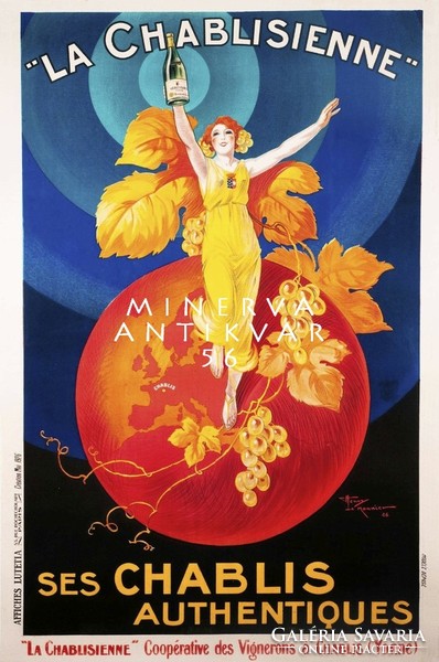 Vintage francia pezsgő reklám plakát reprint nyomat sárga ruhás nő piros földgömb szőlő levél fürt